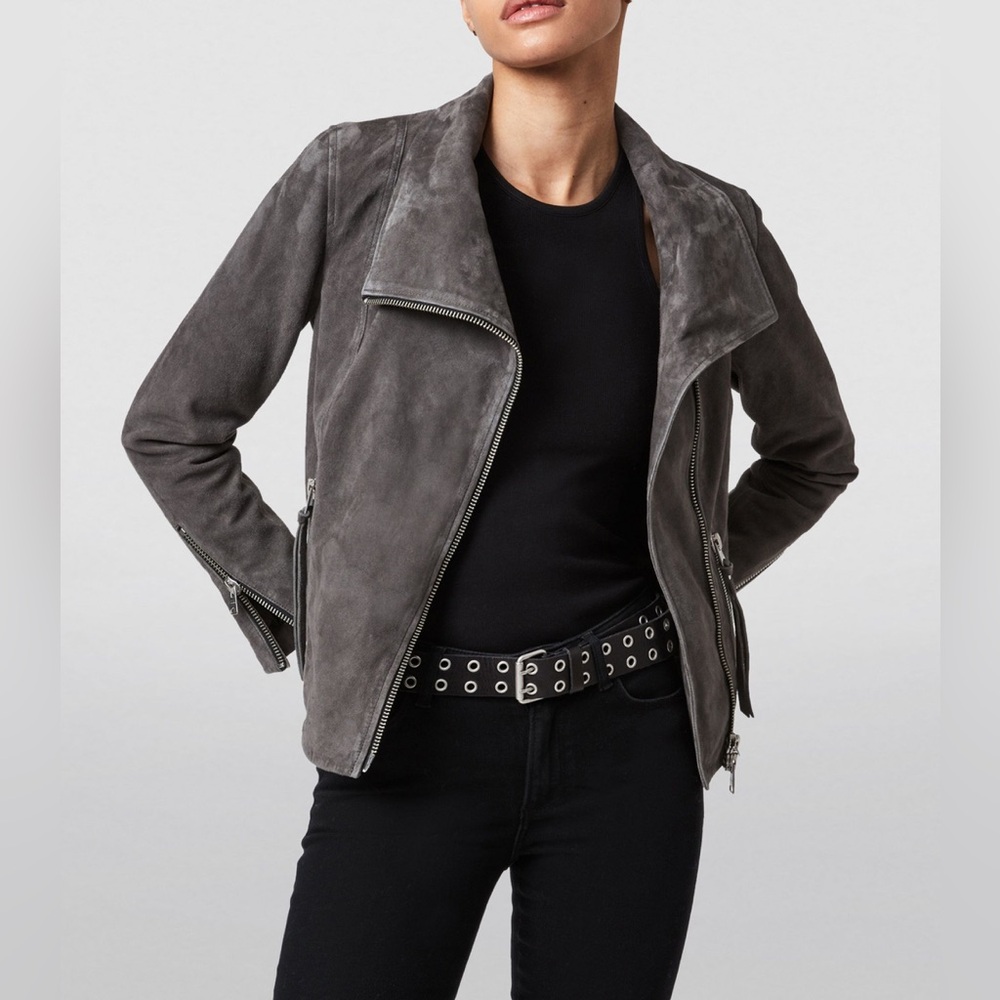 All saints Suede Ellis Leather Biker Jacket slate grey size 2 - Picture 2 of 11